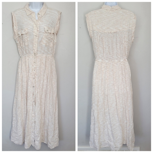 Lola Sport Women's 40 Medium Beige Ivory Cap Sleeve Midi Dress Button Down - Picture 1 of 13